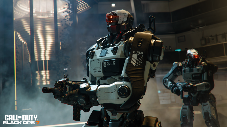 Robots futuristes dans un cadre sci-fi avec des armes avancées, issues du jeu Call of Duty: Black Ops 7.