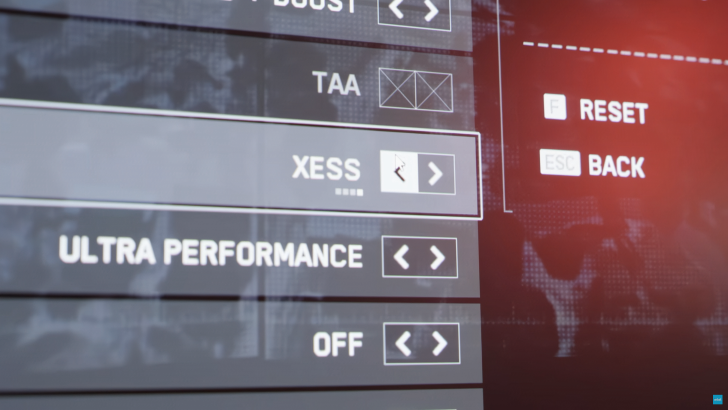 Menu des paramètres graphiques du jeu avec XESS mis en avant pour l'optimisation de la performance.