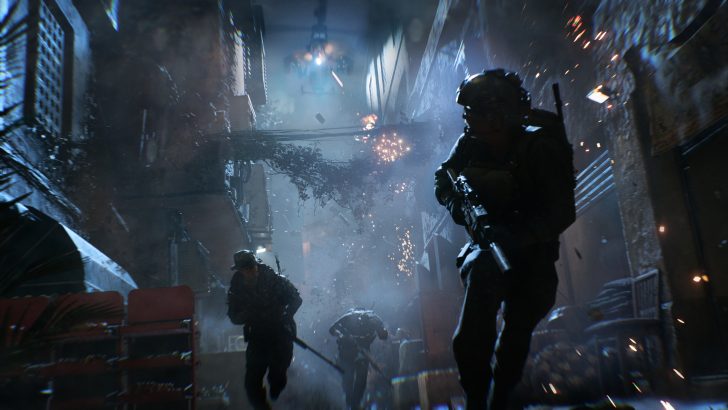Soldiers in dark alley with rifles, illuminated by dramatic explosions and ambient light.
