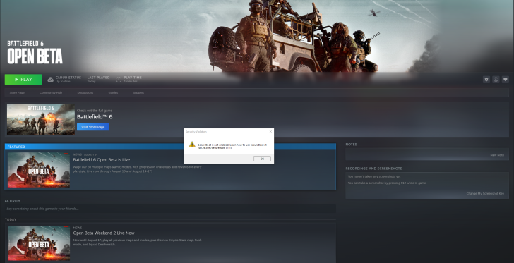 Écran de la bêta ouverte de Battlefield 6 avec message d'avertissement Secure Boot.