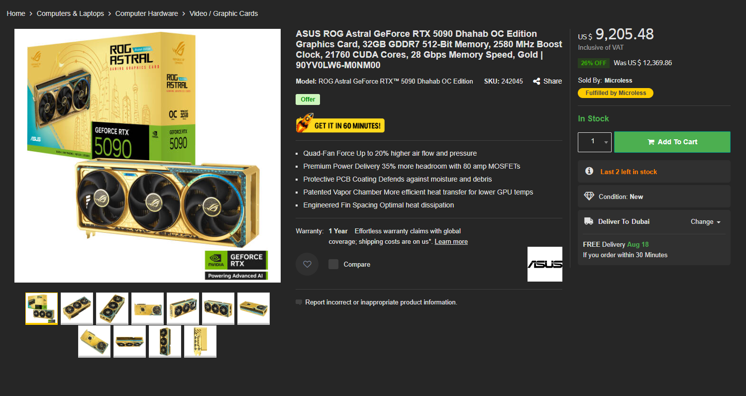 Carte graphique ASUS ROG Astral GeForce RTX 5090 en édition or, haute performance.