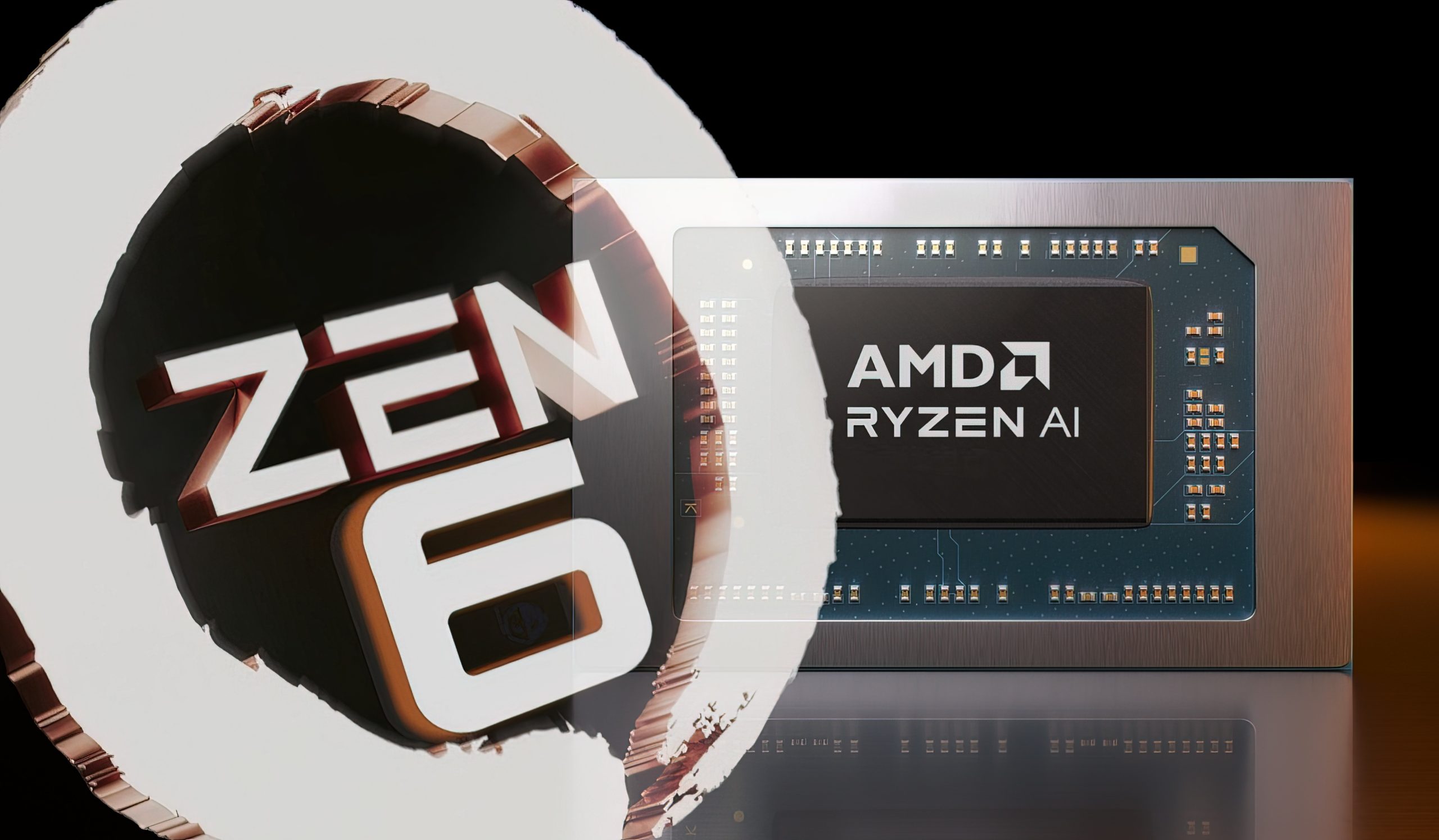 Puce AI AMD Ryzen avec architecture Zen 6, mettant en avant la technologie de microprocesseur avancée.