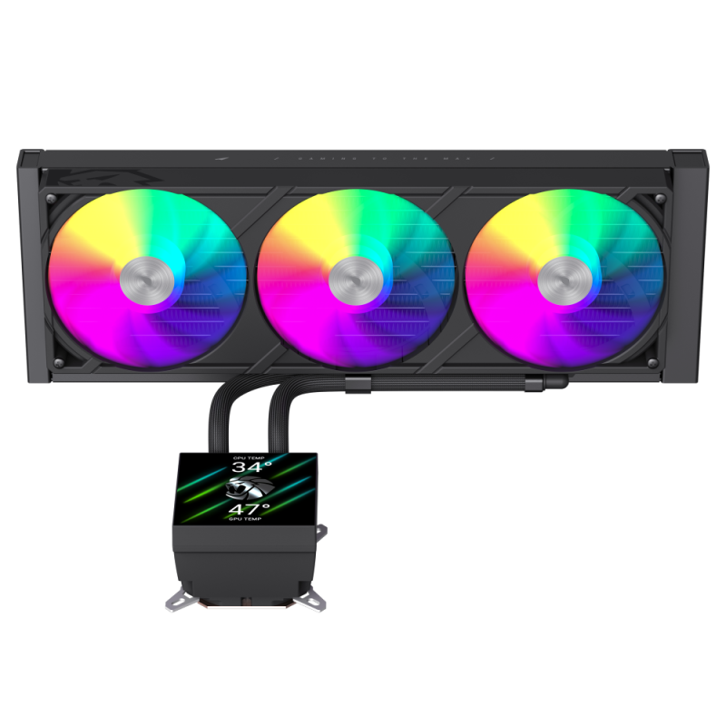 RGB CPU cooler with triple fans and digital display showing temperature.