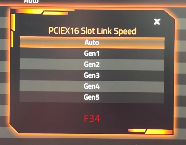 Réglages des vitesses de liaison PCIEX16 du BIOS allant d'Auto à des options Gen5.