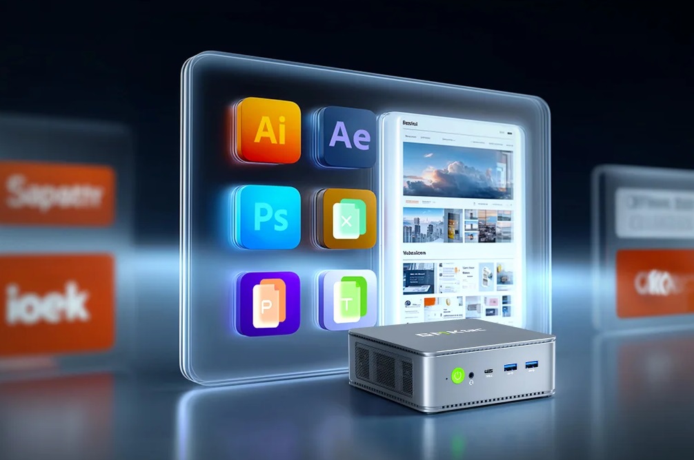 Ordinateur compact alimentant des outils créatifs et des icônes de logiciels de design dans une interface futuriste.