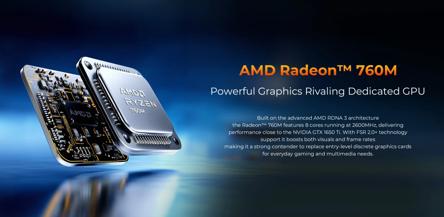 Puce graphique AMD Radeon 760M, affichant un design avancé et des capacités de performance puissantes.