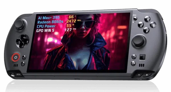 Console de jeu portable affichant un jeu sur le thème cyberpunk avec des statistiques de performance à l'écran.