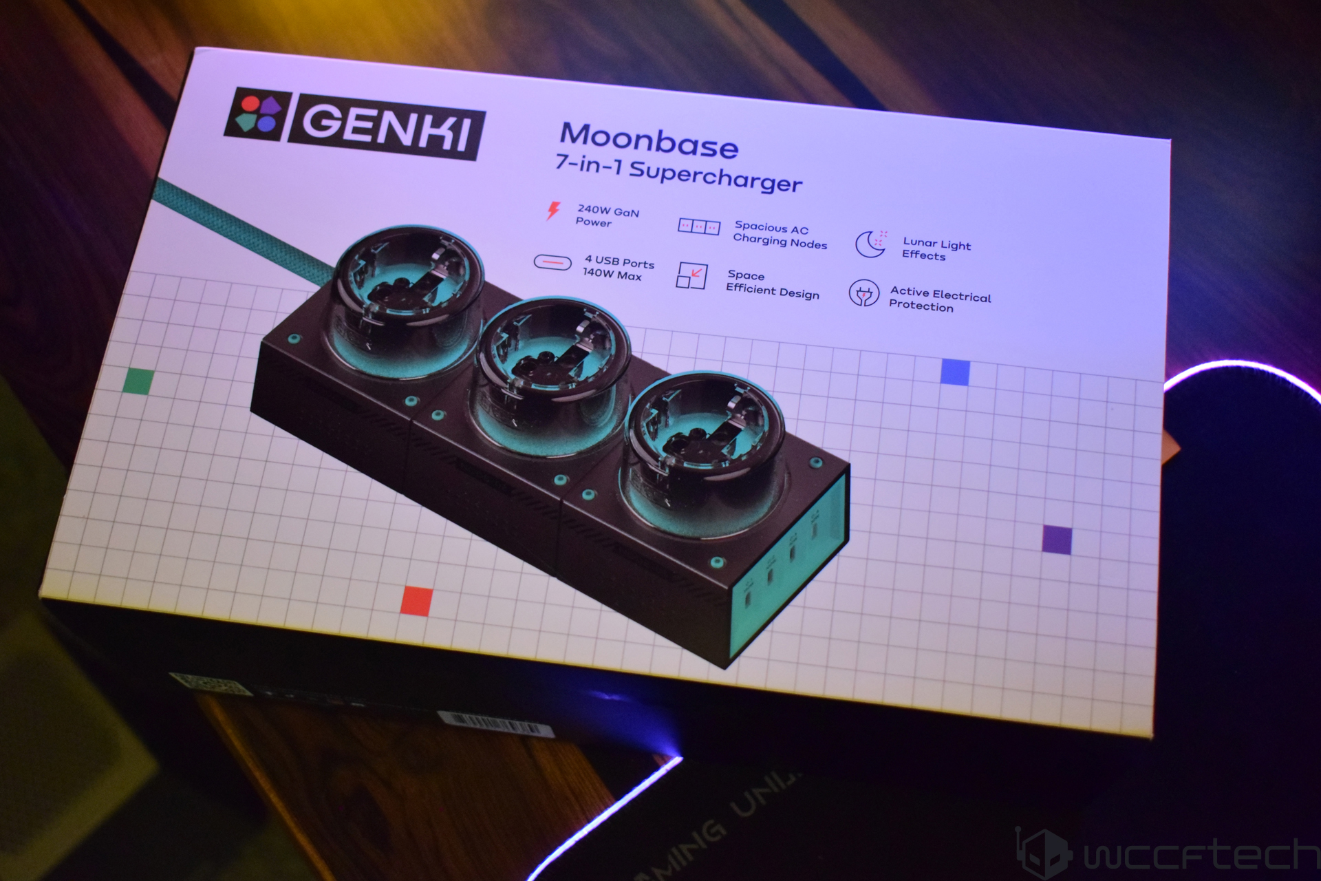 Genki Moonbase 7-in-1 Supercharger box with features highlighted, including 240W GaN Power.