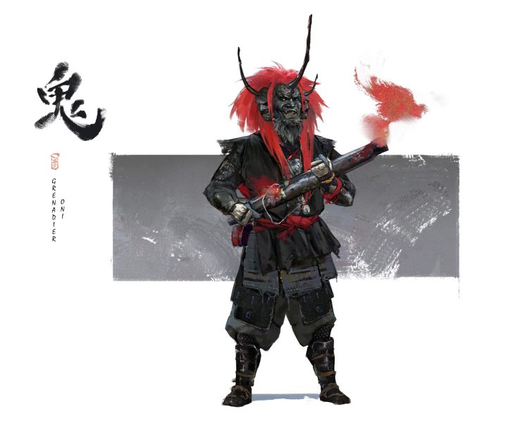 Samurai avec cheveux rouges et casque à cornes tenant un lance-grenade, concept artistique.