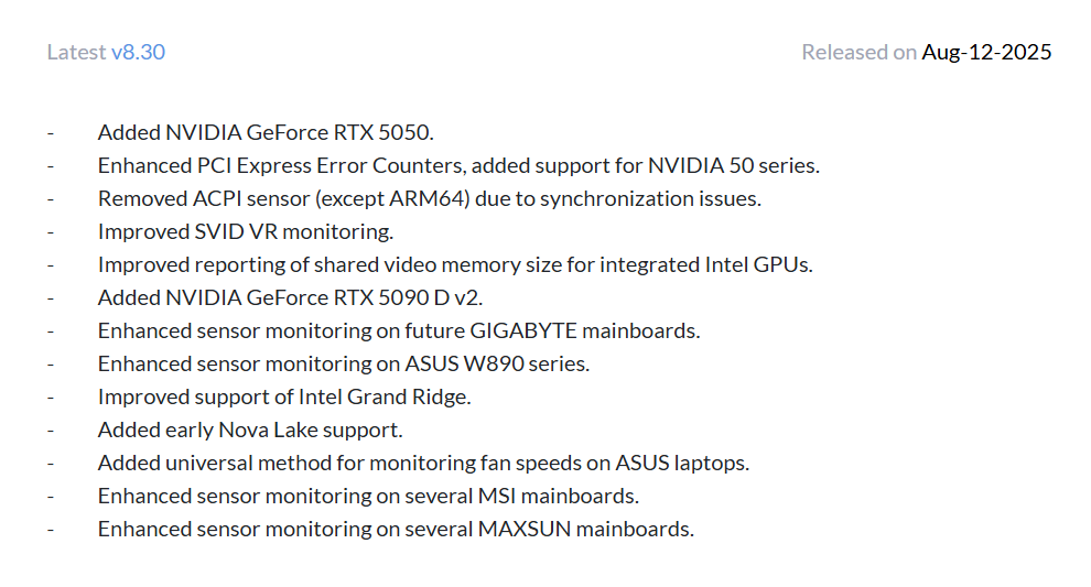 Release notes for version 8.30, featuring NVIDIA and Intel GPU updates, dated Aug 12, 2025.
