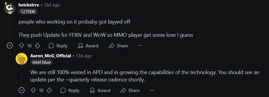 Discussions sur Reddit concernant les mises à jour de la technologie Intel.