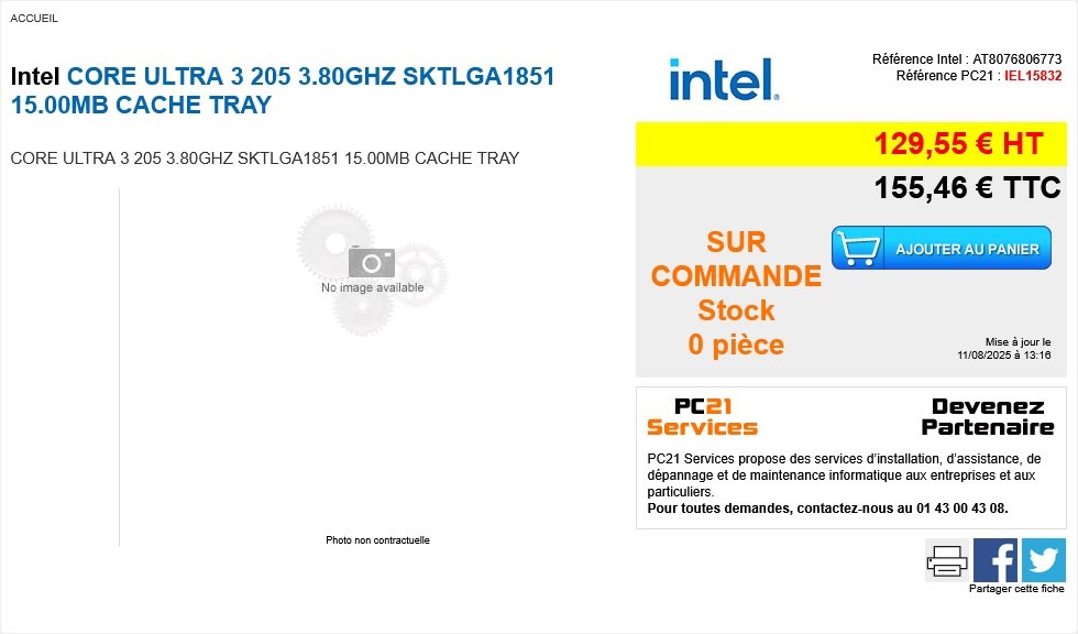 Intel Core Ultra 3.80GHz Processor, SKU SKTLGA1851, Price: €129.55, No stock available.