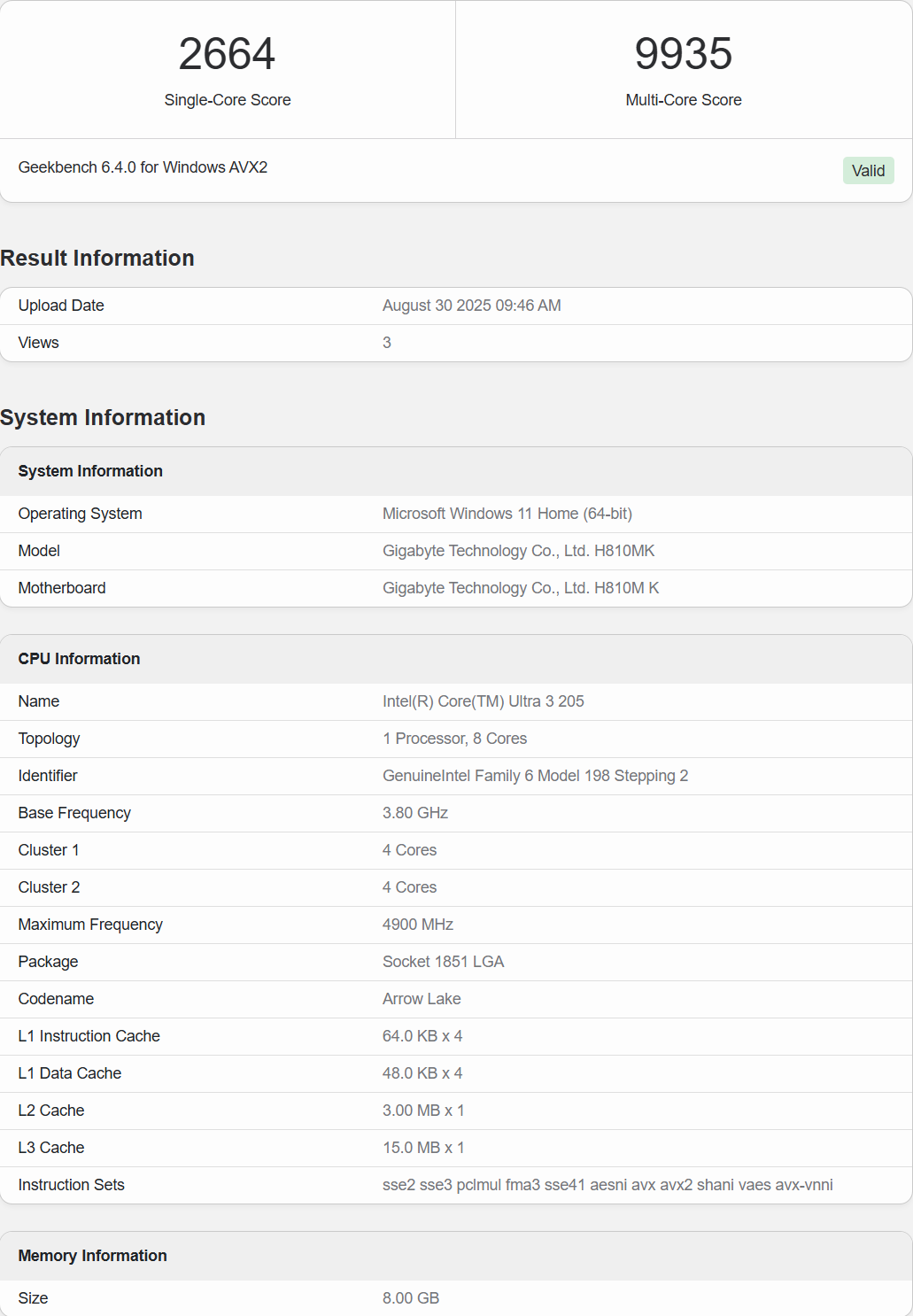 Résultats Geekbench 6.4.0 montrant Intel Core Ultra 3 205 avec des scores de 2664 en single-core et 9935 en multi-core sur Windows 11 Home.