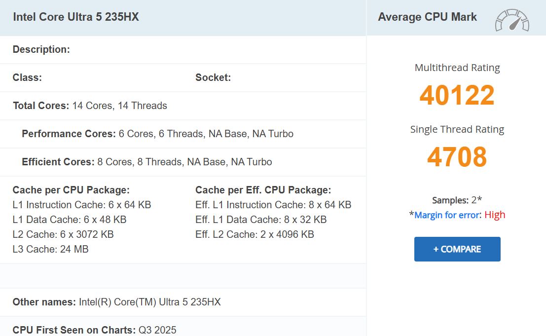 Benchmark du CPU Intel Core Ultra 5 235HX avec un score moyen de 40122 en multithread et 4708 en mono-thread.