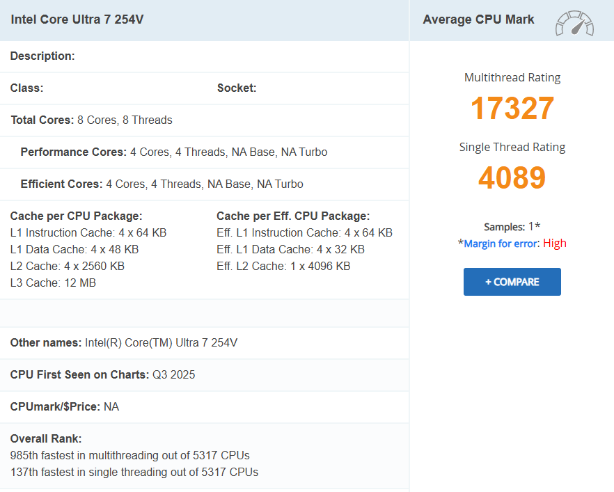 Détails et notes de performance du processeur Intel Core Ultra 7 254V.