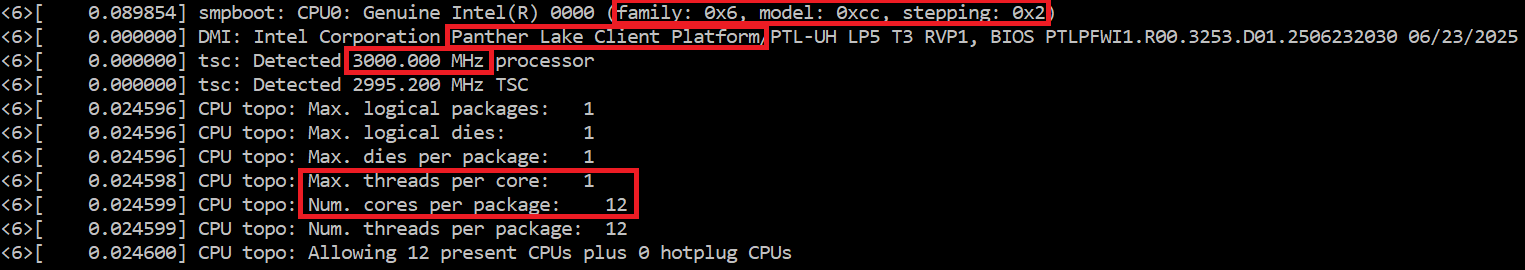 Détails sur le processeur : Intel, 3000 MHz, Panther Lake, 12 cœurs, 1 thread par cœur, détails du BIOS affichés.