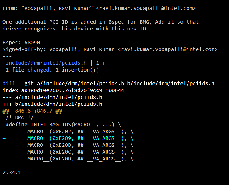 Code diff montrant un nouveau PCI ID ajouté pour la reconnaissance des dispositifs.