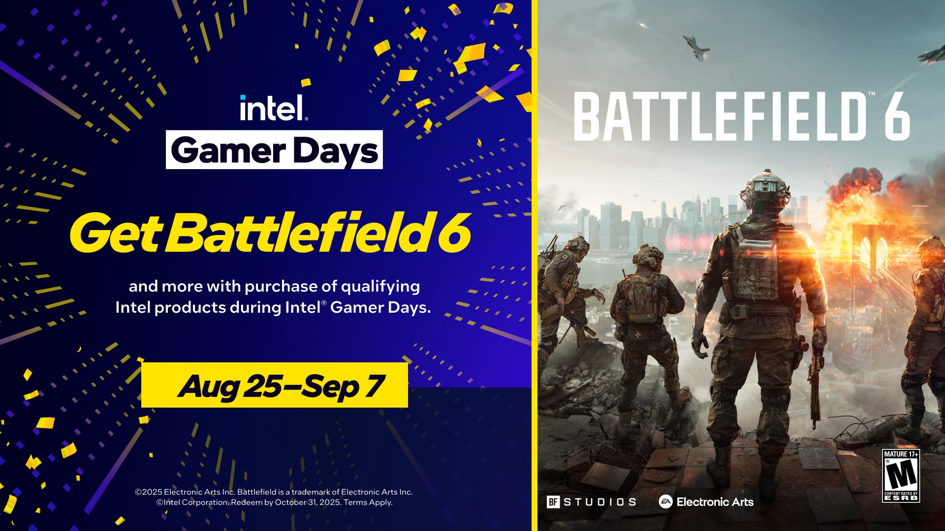 Intel Gamer Days: Get Battlefield 6 with purchase, Aug 25–Sep 7. Promo details and game cover art.
