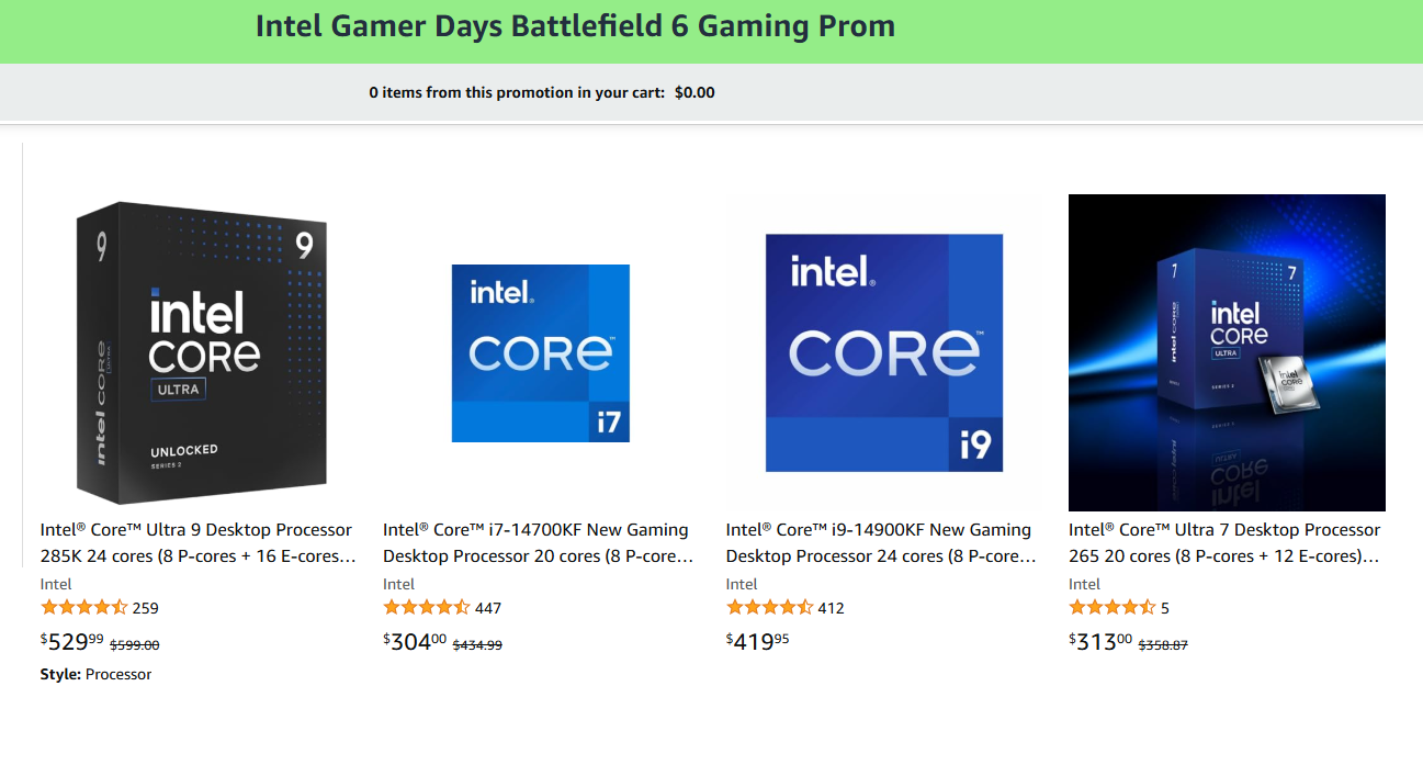 Intel gaming processors sale: i7, i9 featured with discounts and ratings, ideal for Battlefield 6.