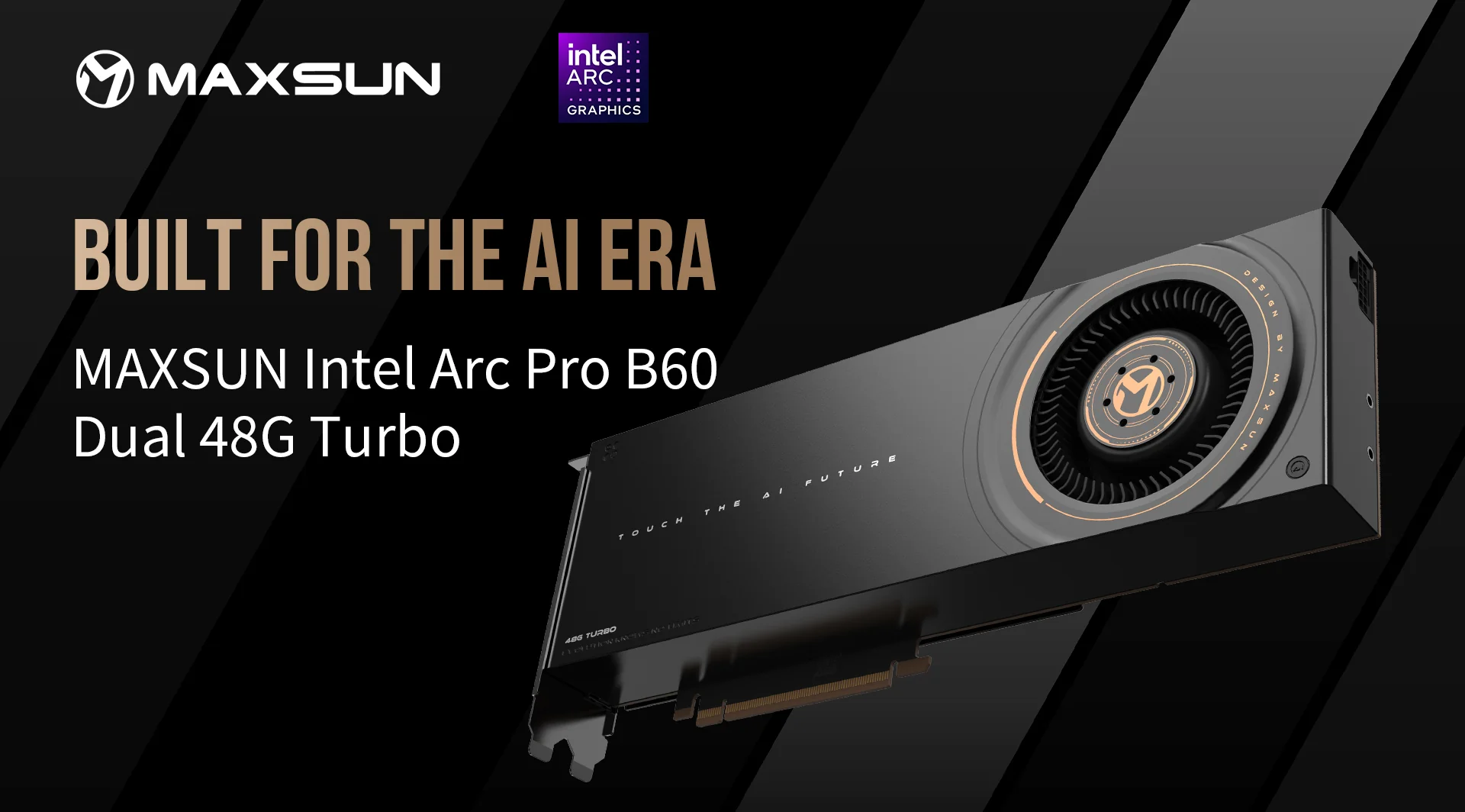 MAXSUN Intel Arc Pro B60 graphics card for AI, Dual 48G Turbo, black design.