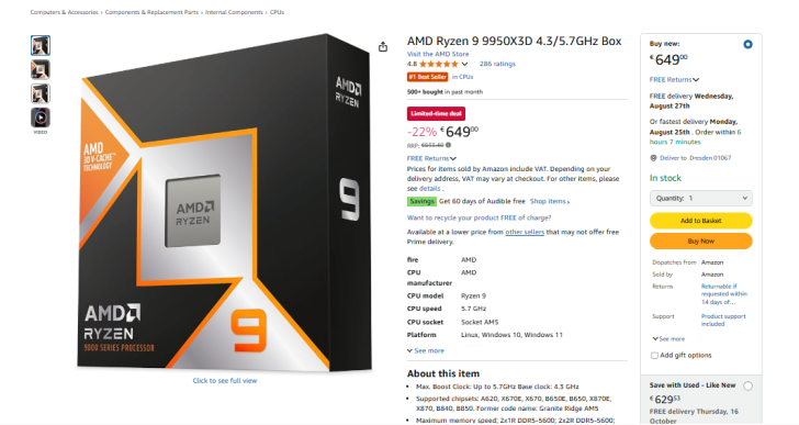 Boîtier du processeur AMD Ryzen 9 9950X3D avec prix et spécifications affichés sur la page Amazon.