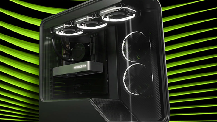 Boîtier d'ordinateur élégant avec carte graphique RTX, mettant en valeur des ventilateurs de refroidissement sur un fond vert vif.