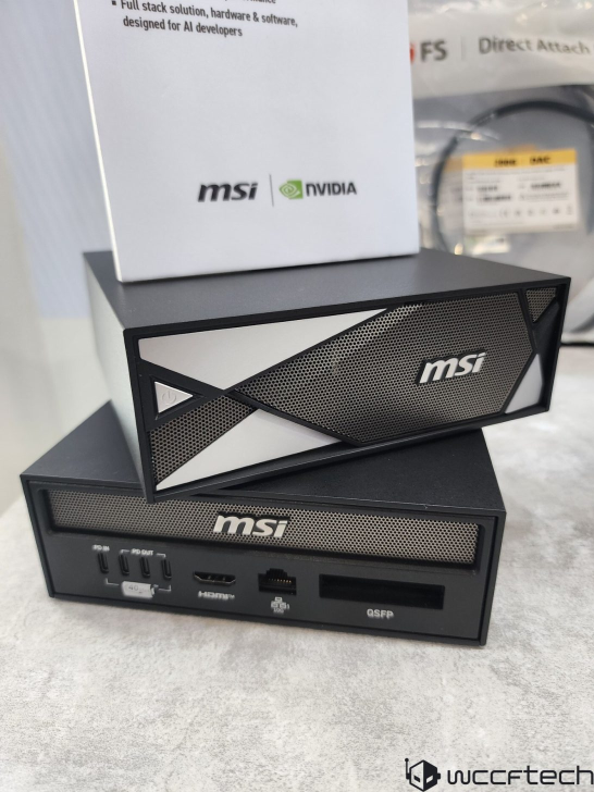 Matériel MSI NVIDIA pour développeurs IA, présentant plusieurs ports et options de connectivité.