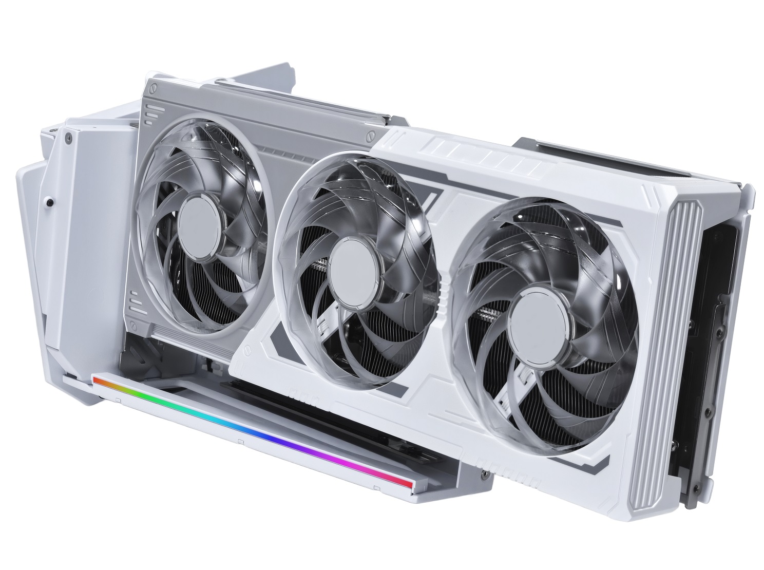 White gaming graphics card with three cooling fans and RGB lighting.