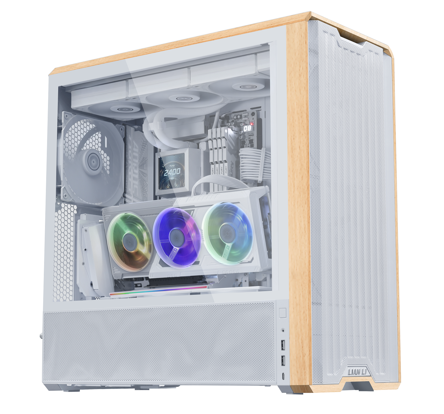 White gaming PC case with RGB fans and wood accents, featuring visible internal components.