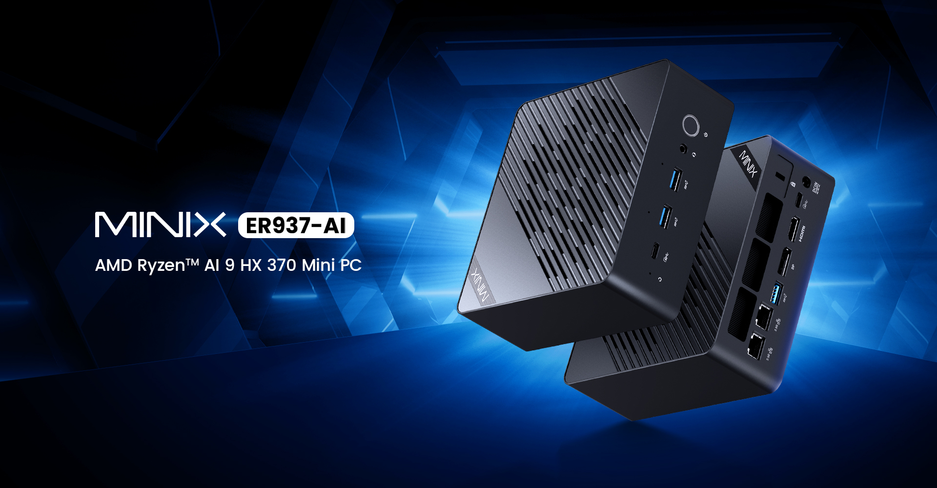 MINIX ER937-AI: AMD Ryzen AI HX 370 Mini PC, design futuriste, multiples ports, aspect élégant.