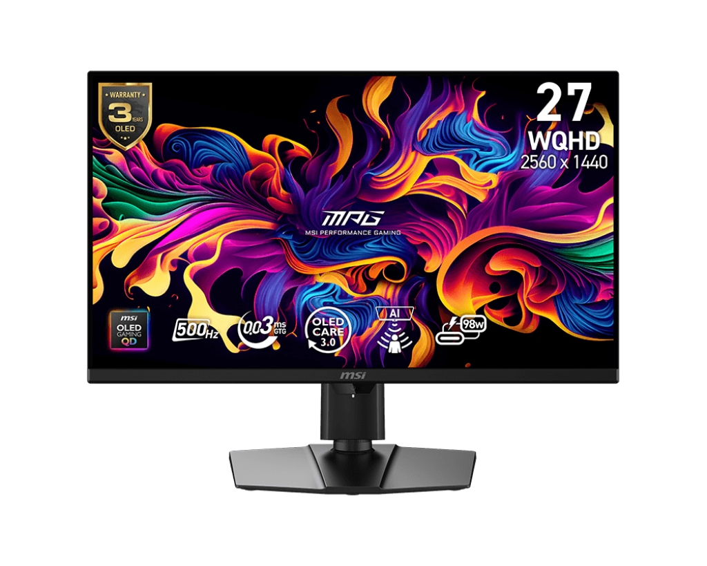 Moniteur MSI WQHD avec OLED, 500Hz, 0.03ms GTG, fond abstrait.