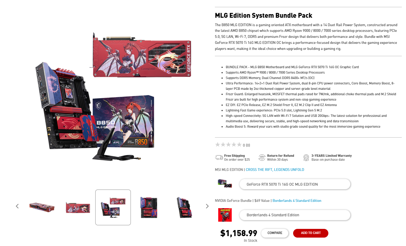 Pack MSI B850 VLG Edition et GeForce RTX 5070 Ti 16G OC MLG disponible à 1 158,99 €.