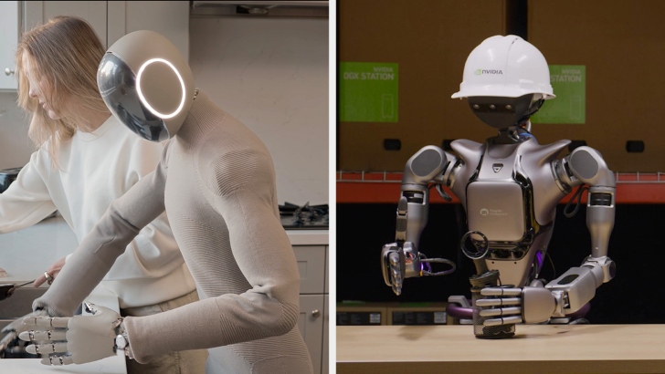 Robots dans divers scénarios de travail : assistance en cuisine et industrie.
