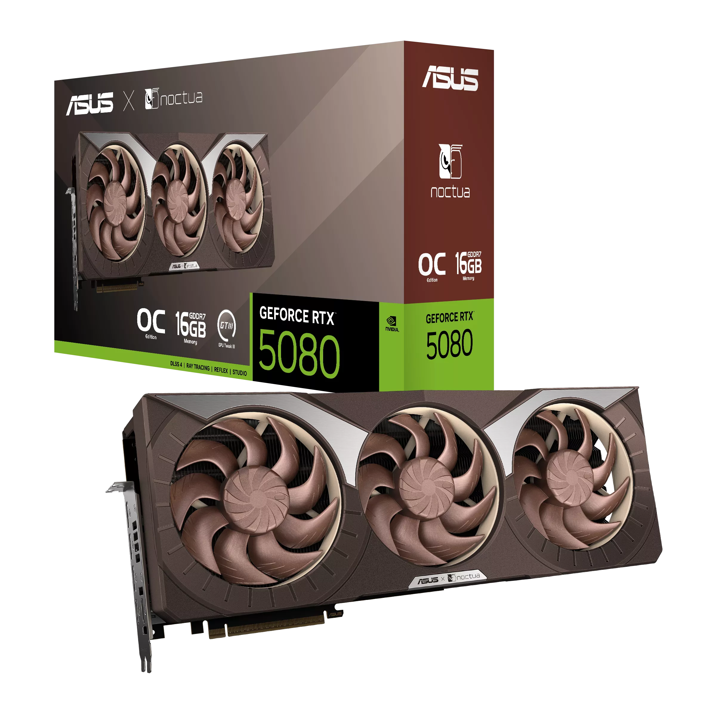 ASUS GeForce RTX 5080 Noctua avec OC et 16 Go de mémoire, vue de face avec emballage.