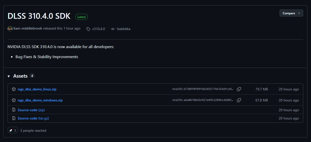 Page de publication du SDK NVIDIA DLSS 310.4.0 avec des liens de téléchargement pour Linux et Windows.