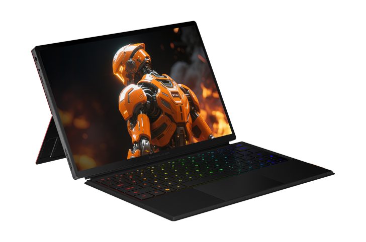 Gaming laptop with colorful keyboard and orange robot on screen.