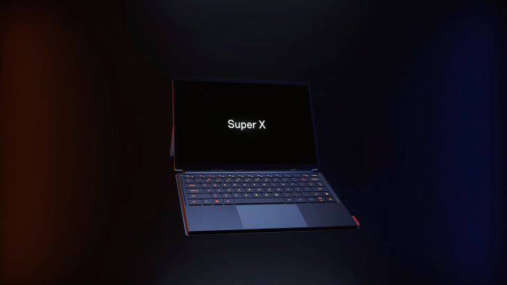 Sleek Super X laptop with illuminated keys on dark background. Ideal for modern tech enthusiasts.