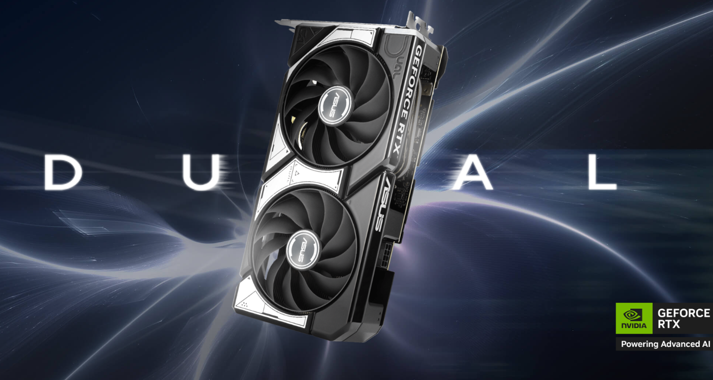 Carte graphique avec double ventilateur NVIDIA GeForce RTX sur fond sombre.