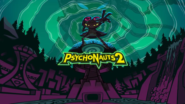 Psychonauts 2 game poster with character silhouette and vibrant background art.
