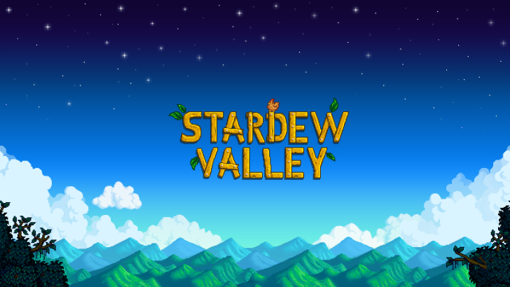 Stardew Valley game logo with mountains and starry night sky in the background.