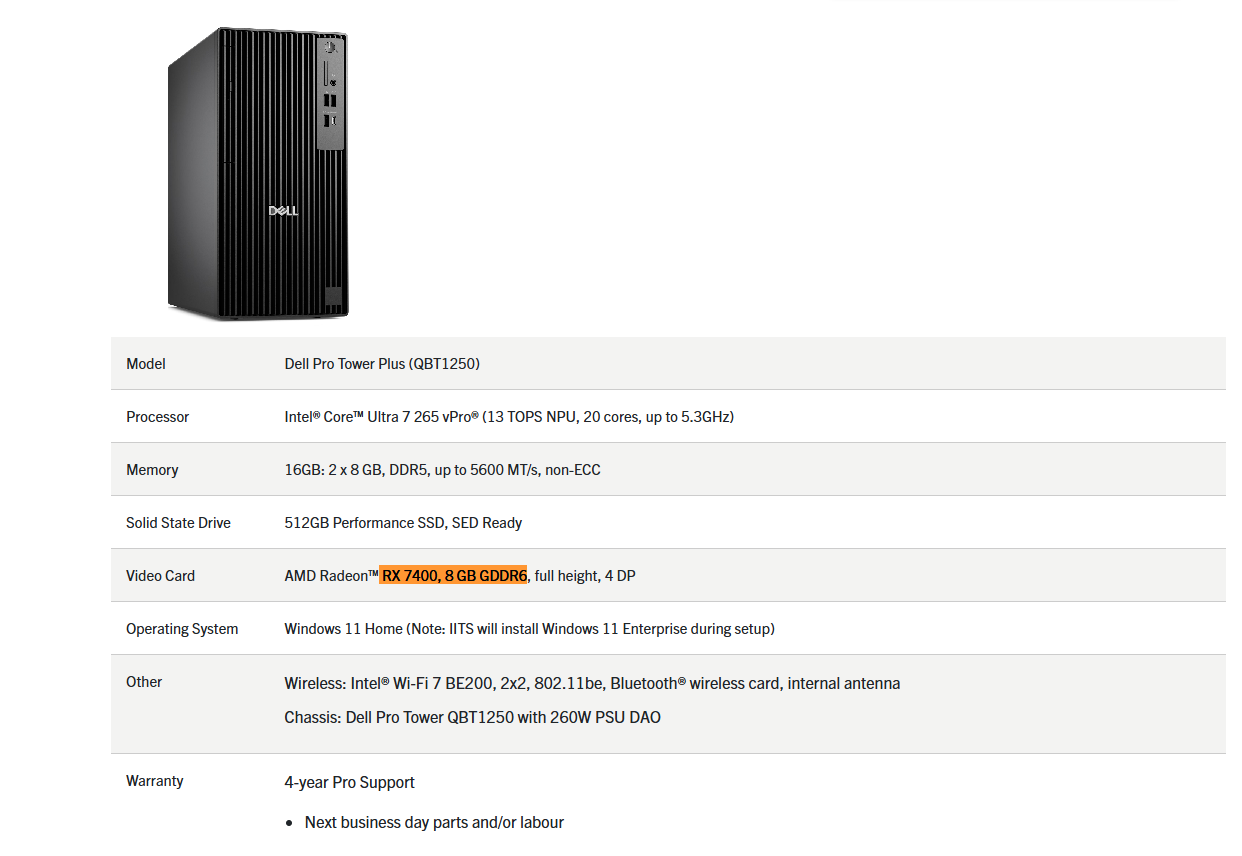 Dell Pro Tower Plus QBT1250 avec un Intel Core Ultra 7, 16 Go de RAM, GPU RX 7400.