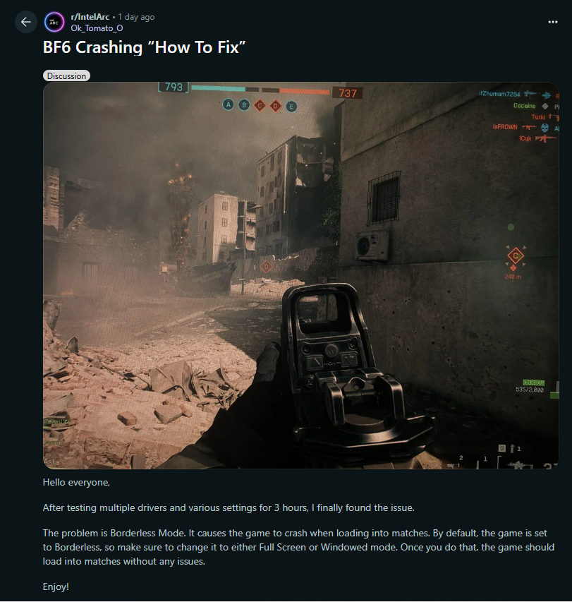 Capturé de Battlefield 6 avec suggestion de correction des crashs.