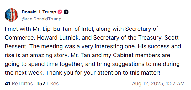 Publication sur les réseaux sociaux de Donald J. Trump concernant la réunion avec Lip-Bu Tan d'Intel.
