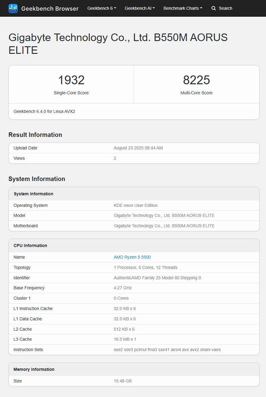 Scores Geekbench du Ryzen 5 5500.