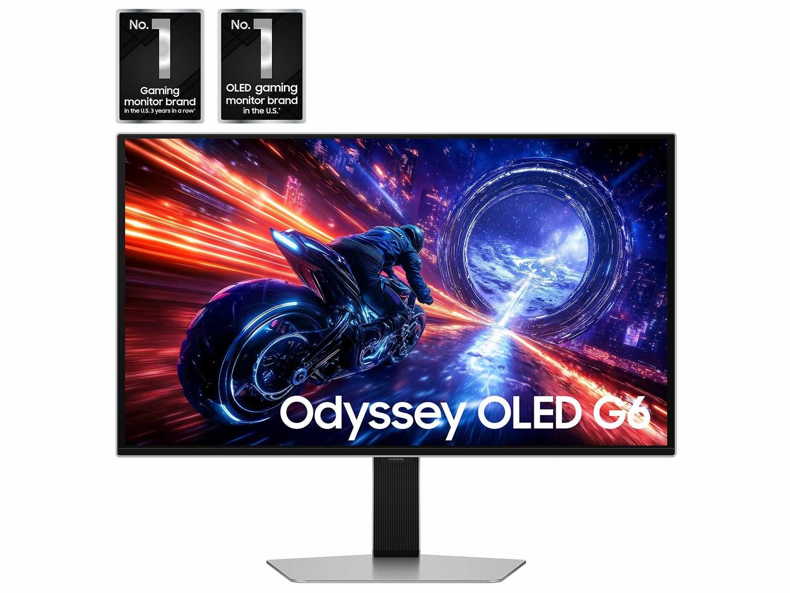 Moniteur Odyssey OLED G6 avec un graphique futuriste de moto et des badges de récompense.
