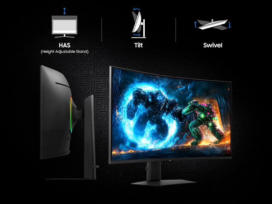 Moniteur de jeu avec réglage en hauteur, inclinaison, pivot pour le confort, affichant un écran de bataille robotisé vibrant.