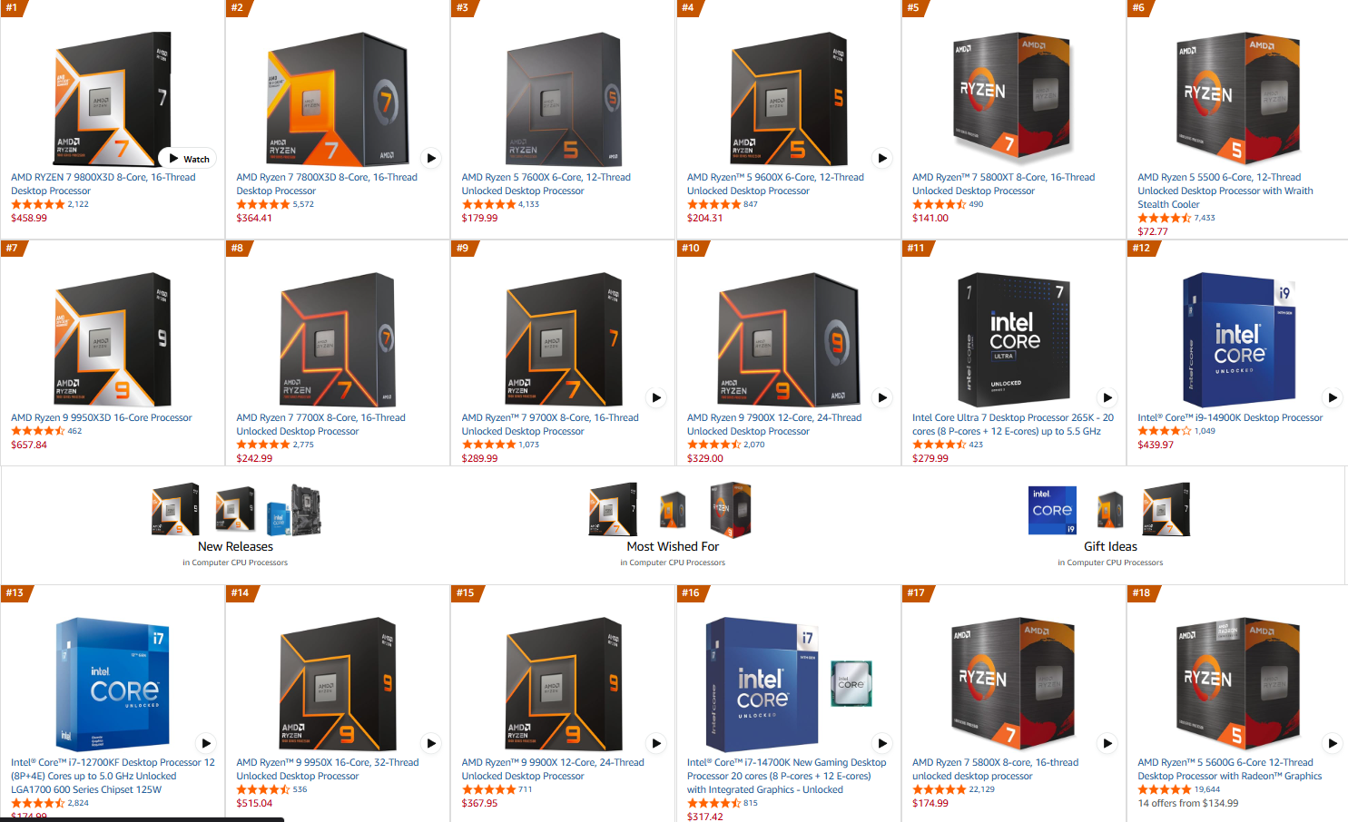 Top-rated AMD and Intel processors lineup, featuring Ryzen and Core series for desktops.