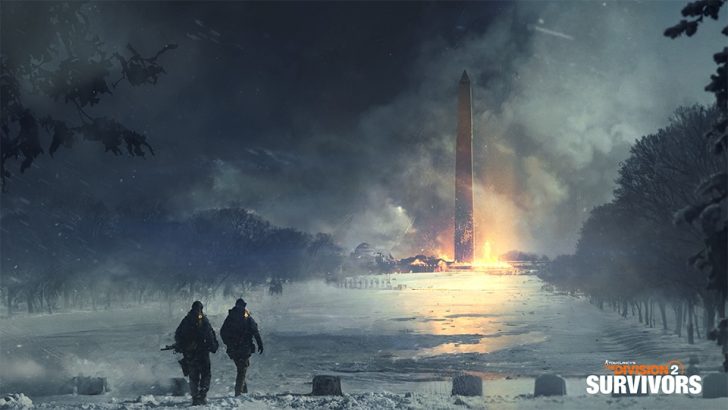 Deux personnages en tenue d'hiver s'approchent d'un monument enflammé dans un paysage apocalyptique enneigé.