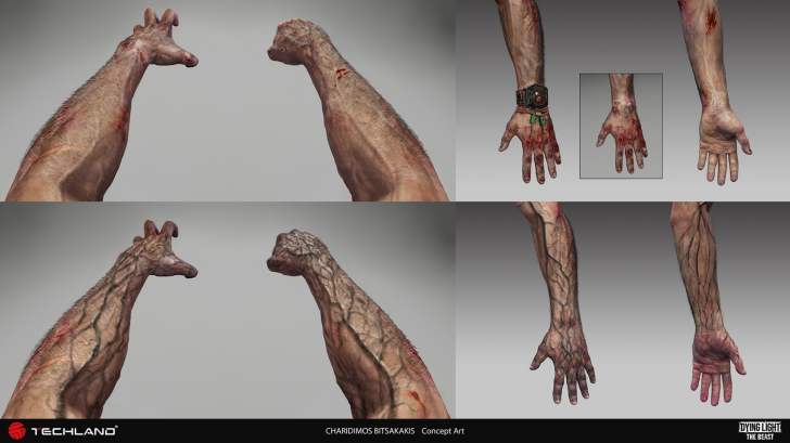 Art conceptuel de Techland pour 'Dying Light: The Beast', montrant des bras humains et de girafes mutants.
