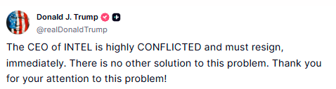 Tweet demande la démission du PDG d'Intel, en invoquant des conflits.